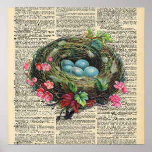 Vintage Dictionary Bird's Nest Poster