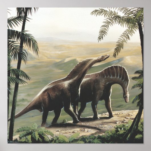 Vintage dinosauriërs, Amargasaurus met palmbomen Poster (Voorkant)