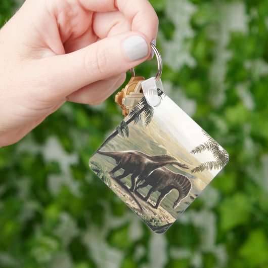 Vintage dinosauriërs, Amargasaurus met palmbomen Sleutelhanger (Hand)