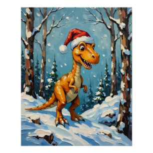 Vintage dinosaurus met kerstmuts kerstscène perfect poster