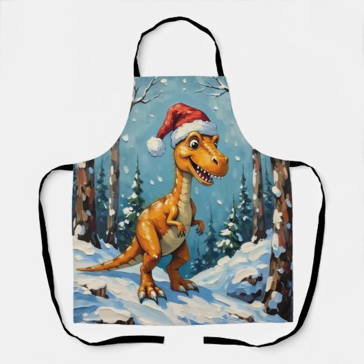 Vintage dinosaurus met kerstmuts kersttafereel schort (Voorkant)