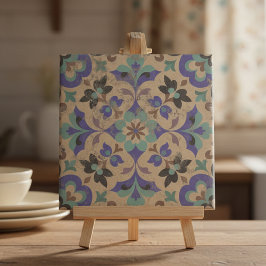 Vintage Distressed Brown Beige Teal Purple Floral Tegeltje