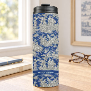 Vintage donkerblauwe toile de jouy bedrukt thermosbeker