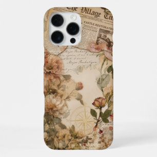 Vintage Donkere Academische Krant Bloemencollage iPhone 16 Pro Max Hoesje