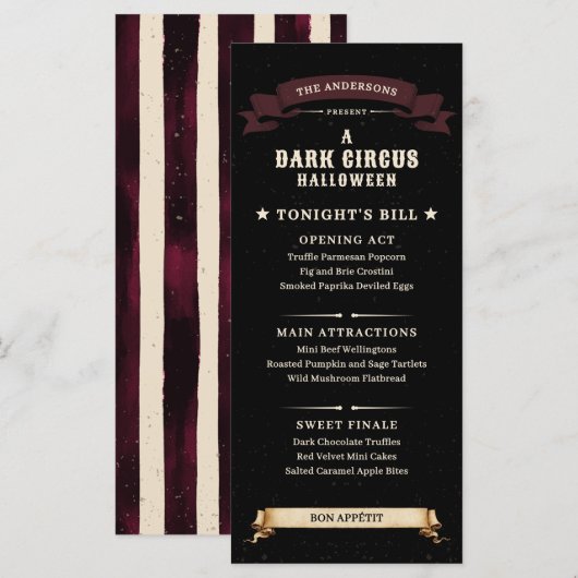 Vintage donkere circus Halloween-feest Menu (Voorkant / Achterkant)