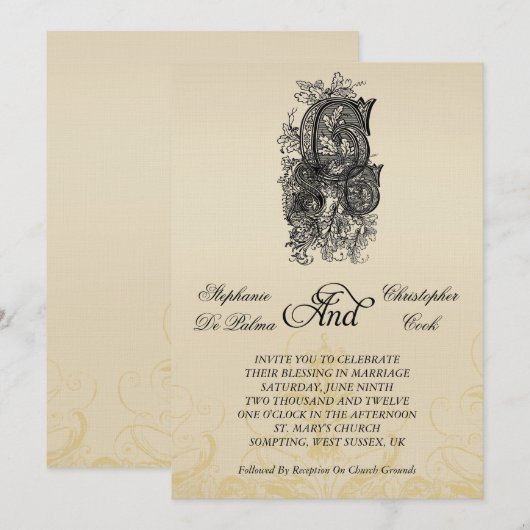 Vintage drie Initialen Monogram huwelijksuitnodigi Kaart (Voorkant / Achterkant)