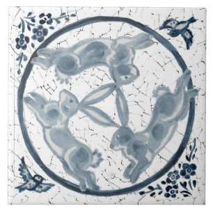 Vintage Drie Rabbit Hare Trio Blue & White Delft Tegeltje