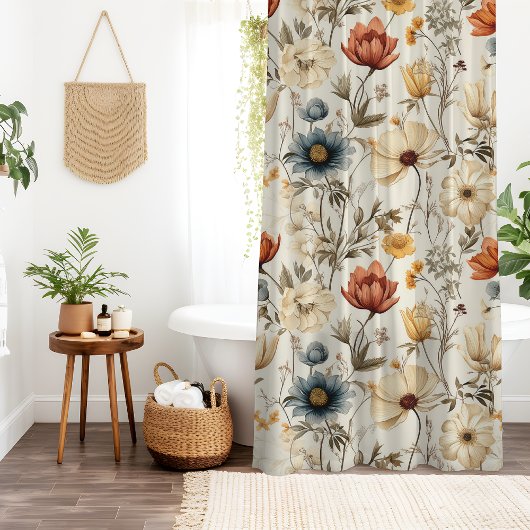 Vintage Dried Wildflower Navy Terracotta Douchegordijn