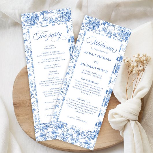 Vintage Dusty Blue Toile Roses Wedding Program Programmakaart