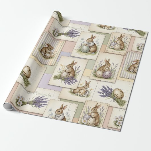 Vintage Easter Bunny Collage Cadeaupapier (Uitgerold)