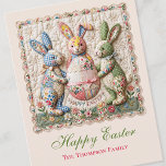 Vintage Easter Bunny Patchwork Quilt Floral Feestdagenkaart<br><div class="desc">Adorable vintage Easter card with three quilted bunnies in cottage core patchwork style. Gingham and floral fabric rabbits with Easter egg basket. Nostalgic shabby chic design with pastel spring flowers. Personalize with family name. Perfect for Easter greetings,  spring celebrations,  and quilt lovers.</div>