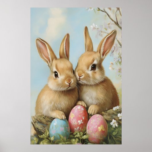 Vintage Easter Bunny Print, Pastel Flower Poster (Voorkant)