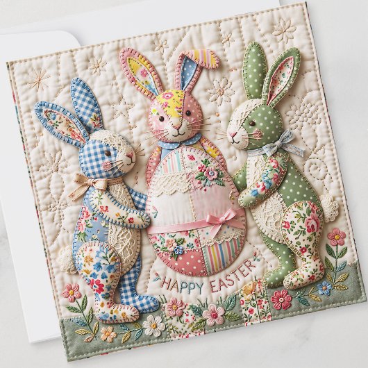 Vintage Easter Bunny Quilt Style Print Pattern Feestdagenkaart