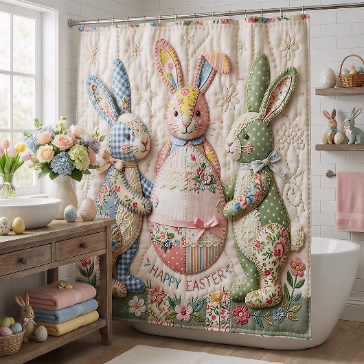 Vintage Easter Bunny Quilted Style Print Douchegordijn