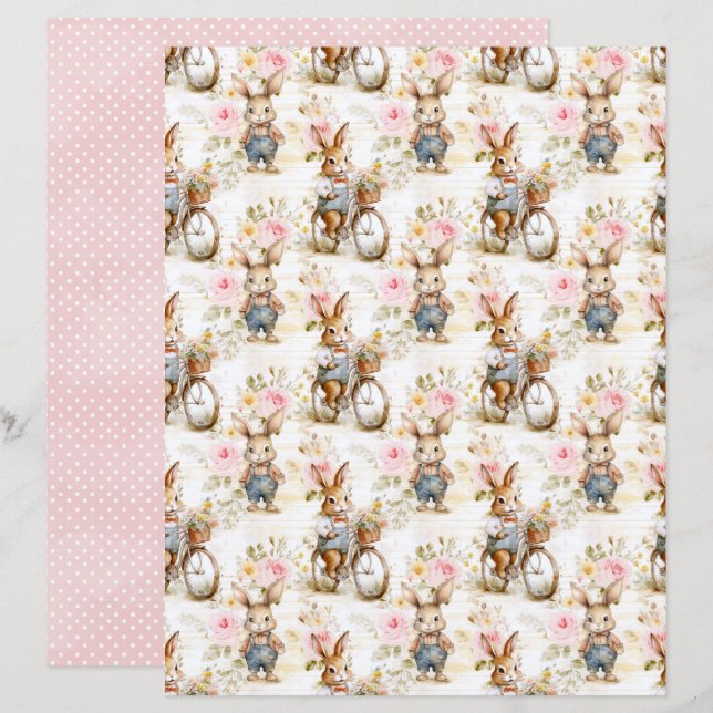Vintage Easter Bunny Scrapbook Paper (Voorkant / Achterkant)