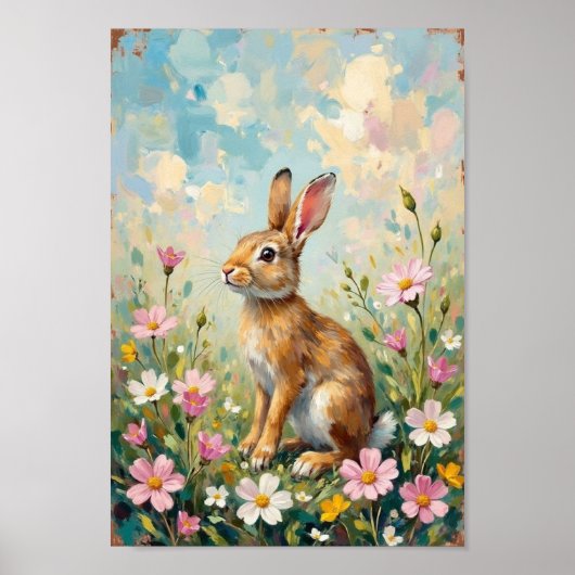 Vintage Easter Bunny Wildflower Art Poster (Voorkant)