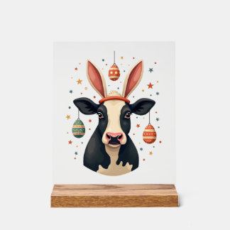 Vintage Easter Cow Bunny Ears Cute Farm Animal Egg Acryl Bord