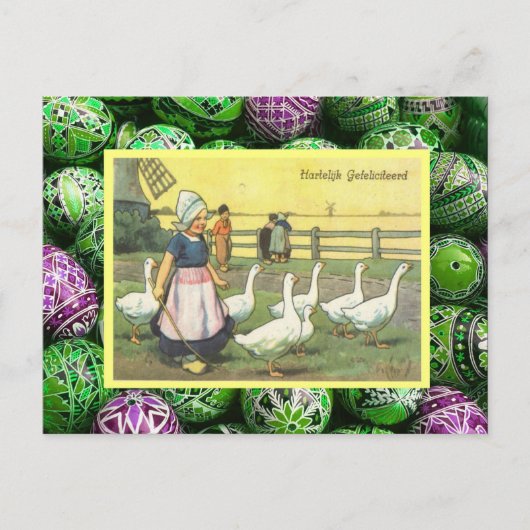 Vintage Easter, Dutch girl with geese, windmill Feestdagenkaart (Voorkant)