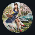 Vintage Easter Pin-Up Clock | Retro Girl Art Grote Klok<br><div class="desc">Add a timeless touch of 1950s nostalgia to your home with this unique artistic wall clock. This design features a minimalist face without numbers, allowing the vibrant pin-up illustration to shine as a decorative panel. A charming girl in a polka-dot dress sits on a massive decorated Easter egg, surrounded by...</div>