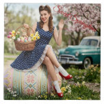 Vintage Easter Pin-Up Tile | Sweet Spring Art Tegeltje<br><div class="desc">Add a touch of nostalgic charm to your home with this unique decorative ceramic tile. Featuring a delightful pin-up girl in a polka-dot dress, sitting on a giant decorated Easter egg, this design captures the joy of spring. Please note: This artwork was created with the help of AI. You can...</div>