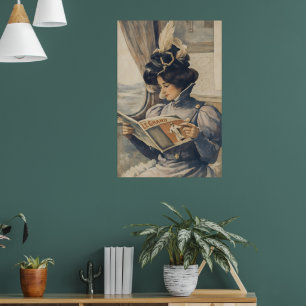 Vintage Edwardiaanse vrouw leest in trein Poster