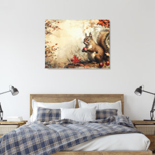 Vintage eekhoorn en eikels in herfst 32x24 canvas afdruk