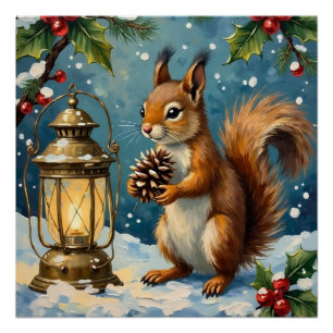 Vintage eekhoorn met kerstlantern winter perfect poster