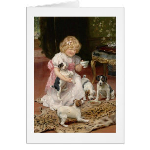 Vintage - Een kinderthee met haar Puppies,