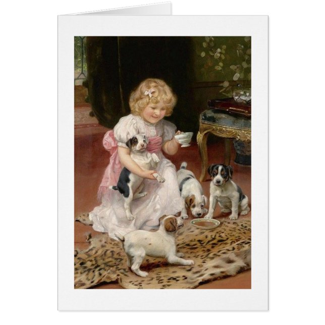 Vintage - Een kinderthee met haar Puppies, (Voorkant)