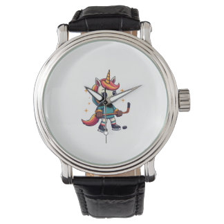 Vintage Eenhoorn Hockey Cartoon Schattige Regenboo Horloge