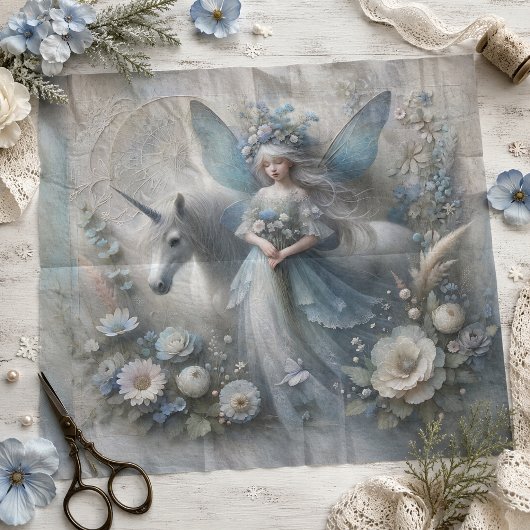 Vintage Eenhoorn & Winterfee Bloemendecoupage Tissuepapier