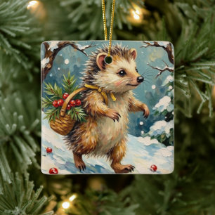 Vintage Egel met Kerst Besmandje Keramisch Ornament