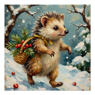 Vintage Egel met Kerstmis Mandje met Bessen Perfect Poster