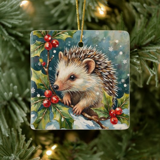 Vintage Egel Tussen Hulst Kerstmis Keramisch Ornament (Boom)