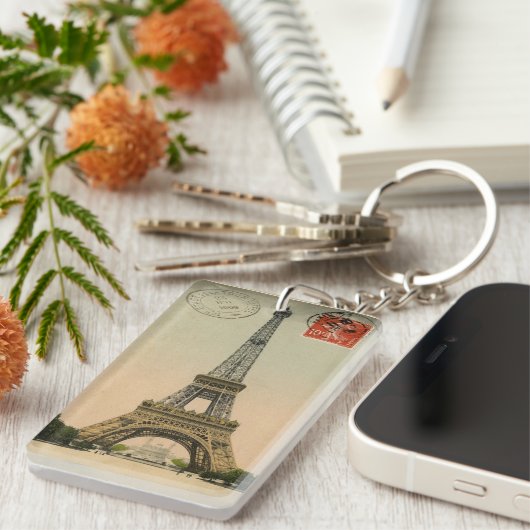 Vintage Eiffel Tower briefkaart Frankrijk Sleutelhanger (Voorkant Rechts)