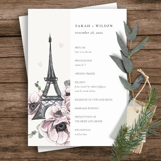 Vintage Eiffel Tower Floral Wedding Programme Bedankkaart
