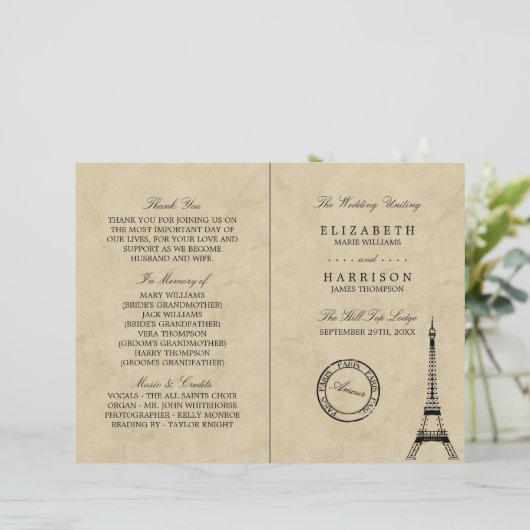 Vintage Eiffel Tower Paris Wedding Programme (Staand voorkant)