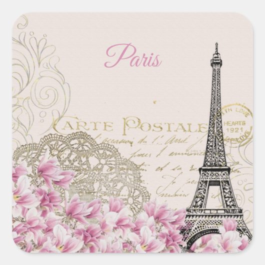 Vintage Eiffeltoren Parijs Briefkaart Vierkante Sticker (Voorkant)