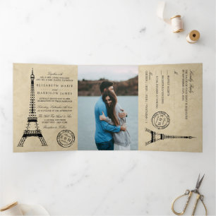 Vintage Eiffeltoren Parijs Poststempel Trouwset Drieluik Uitnodiging