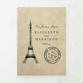 Vintage Eiffeltoren Parijs Poststempel Trouwset Drieluik Uitnodiging