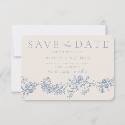 Vintage Elegance: Classic Blue Floral Wedding Save The Date (Voorkant)