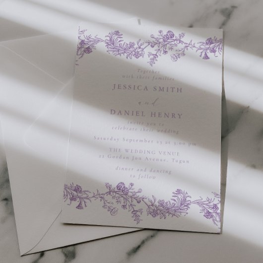 Vintage Elegance: Lavender Floral Wedding Kaart