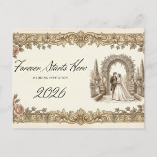 Vintage Elegant Floral Wedding Invitation Postcard Briefkaart