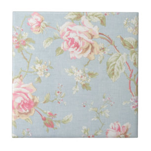 vintage elegant, lichtblauw, roze, rozenpatroon tegeltje