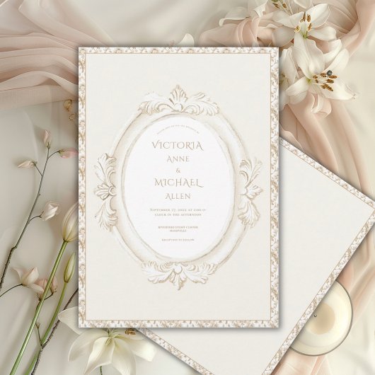 Vintage Elegant Neutral Damask Wedding Kaart