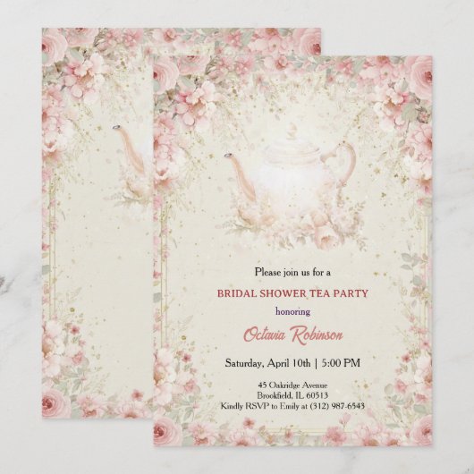 Vintage Elegant Tea Party Bridal Shower Invitation Kaart (Voorkant / Achterkant)