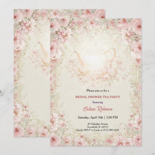 Vintage Elegant Tea Party Bridal Shower Invitation Kaart (Voorkant / Achterkant)
