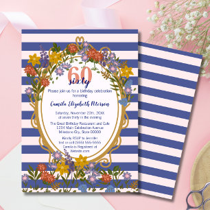 Vintage Elegante Bloemige Gestreepte Marineblauwe  Kaart