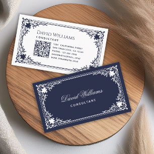 Vintage Elegante Navy Blauwe Schrift en QR Code Visitekaartje