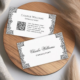 Vintage Elegante QR Code Zwart Wit Antieke Schrift Visitekaartje